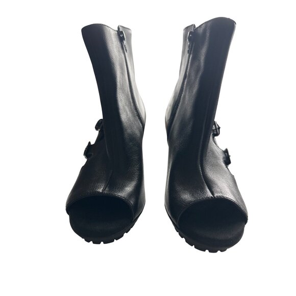 Aerosoles Mirage Leather Black Peep Toe Boots Buckles Side Zip 3" Heel Size 9.5 - Picture 4 of 9